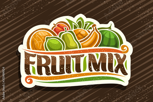 Vector logo for Fruit Mix, cut paper badge with illustration of pile cartoon fruits and decorative flourishes, brush typeface for words fruit mix, label for sour candies on brown abstract background.