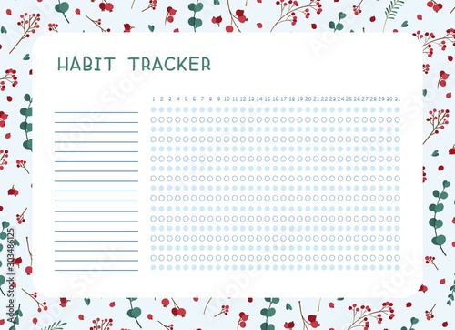 Habit tracker for month flat vector template. .Winter leaves themed blank, personal organizer with decorative frame. Traditional Christmas symbolic tree leaves, berries, bouquet  illustration 