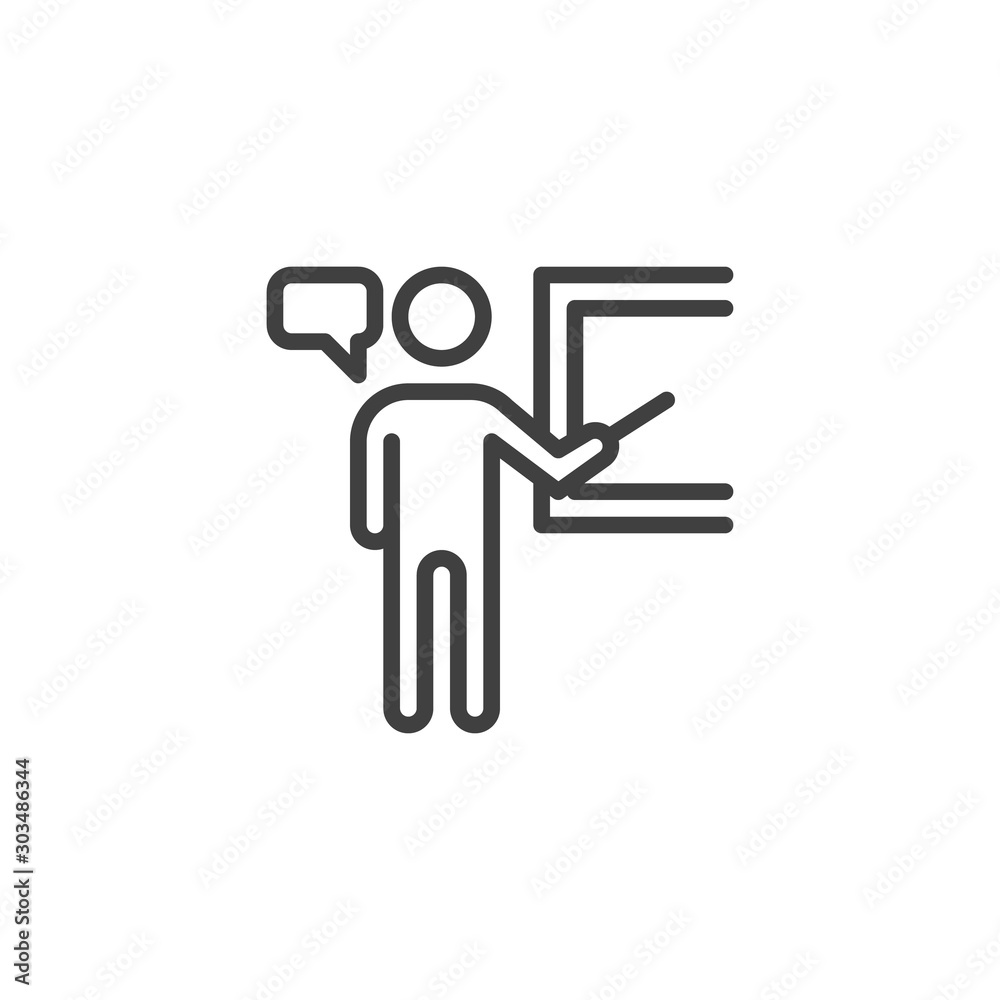 Business presentation board line icon. linear style sign for mobile concept and web design. Man standing at presentation screen outline vector icon. Symbol, logo illustration. Vector graphics Business presentation board line icon. linear style sign for mobile concept and web design. Man standing at presentation screen outline vector icon. Symbol, logo illustration. Vector graphics