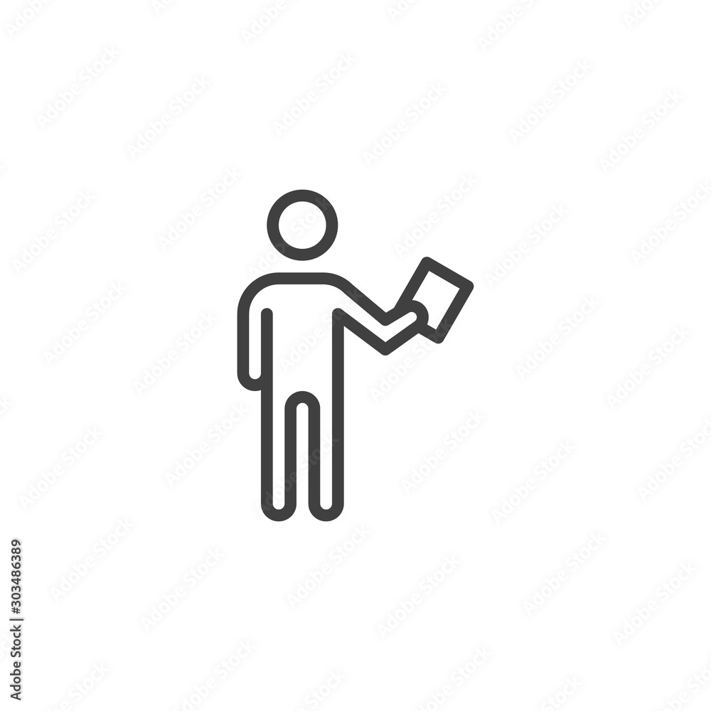 Man with paper document line icon. linear style sign for mobile concept and web design. Man holds document outline vector icon. Symbol, logo illustration. Vector graphics Man with paper document line icon. linear style sign for mobile concept and web design. Man holds document outline vector icon. Symbol, logo illustration. Vector graphics