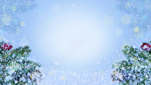 Christmas banner. Frosty snowy winter morning with fir branches, lights and snow. Copy space in the centre. © Antibydni