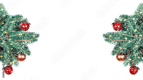 Christmas border. Fir tree branches in snow with red balls, lights and apples on both sides of banner. Copy space in centre. Blue spruce. Isolated.
