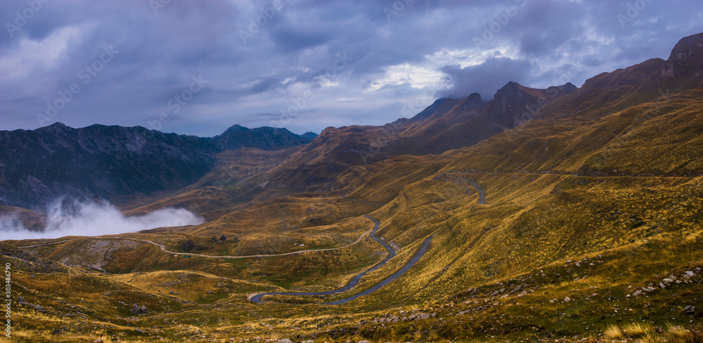  Durmitor park in Montenegro on a cloudy, foggy morning