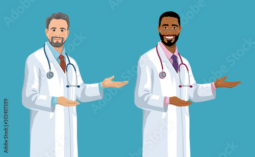 Set of smiling European and African American middle-aged doctors. Handsome men with gray hair and beard wearing a lab coat stands and points by hand palm. Vector illustration