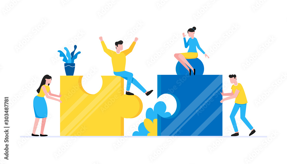 Teamwork concept with tiny people characters working together with big jigsaw puzzle pieces. Teamwork and time management concept flat style design vector illustration isolated white background. Teamwork concept with tiny people characters working together with big jigsaw puzzle pieces. Teamwork and time management concept flat style design vector illustration isolated white background.