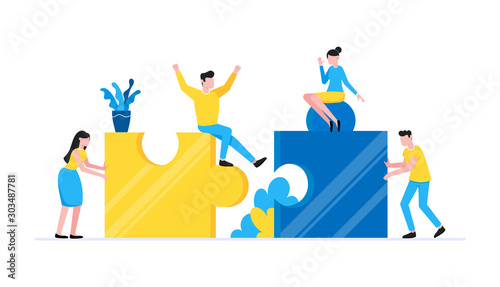 Teamwork concept with tiny people characters working together with big jigsaw puzzle pieces. Teamwork and time management concept flat style design vector illustration isolated white background.
