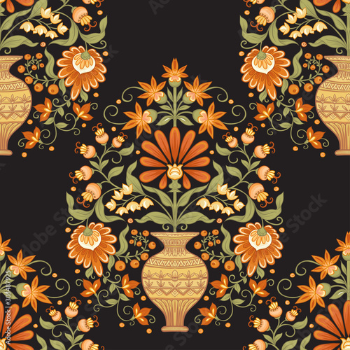 Tradition mughal motif, fantasy flowers in retro, vintage style. Seamless pattern, background. Vector illustration in beige and orange colors.