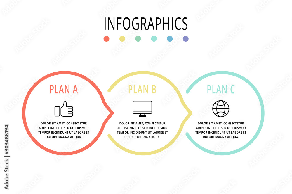 Fototapeta premium Vector flat line template circle infographics. Business concept with 3 options and arrows. Three steps for content, flowchart, timeline, levels, marketing, presentation, graph, diagrams, slideshow