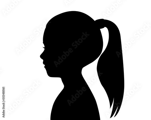 Black silhouette of a girl's head. Child profile. Long hair pulled in a ponytail. Female silhouette. Drawing isolated on a white background.  Vector stock illustration. © Lyudmyla
