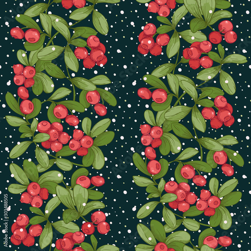 Cranberry and snow. Seamless pattern, background. Graphic drawing, engraving style. Vector illustration