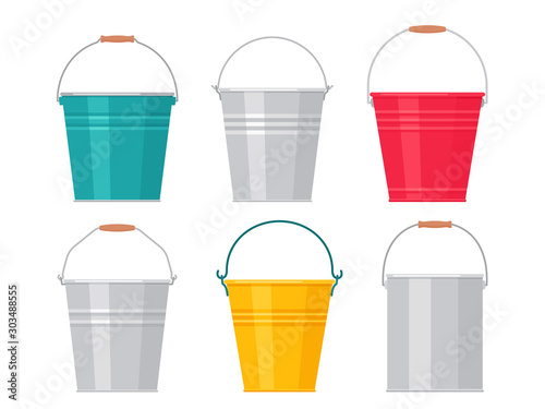 Metal bucket. Vector. Pail icon. Flat design. Steel garden tin, isolated on white background. Cartoon colorful illustration. Set of empty aluminum cans.