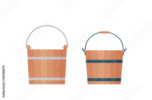 Wooden bucket. Vector. Wood pails with rope and metal handles. Icons in flat design, isolated on white background. Cartoon rustic illustration. Set of textured tubs.