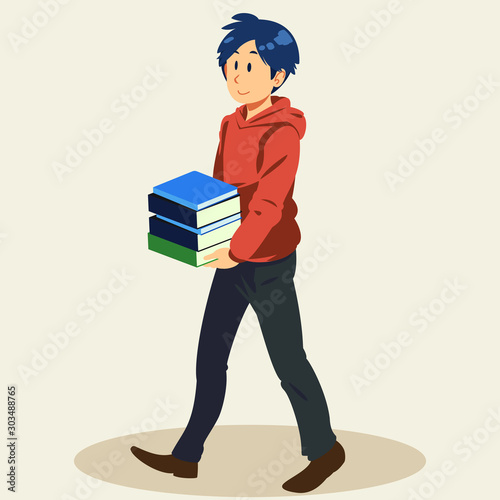 man carring books and walking. Book lover, reader, isolated on background. Flat cartoon vector illustration.