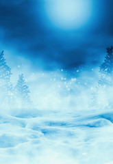 Dark winter forest background at night. Snow, fog, moonlight. Neon figure in the center