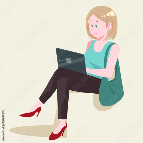 woman sitting using tablet or reading ebook. Book lover, reader, working isolated on background. Flat cartoon vector illustration. © RONIN1986