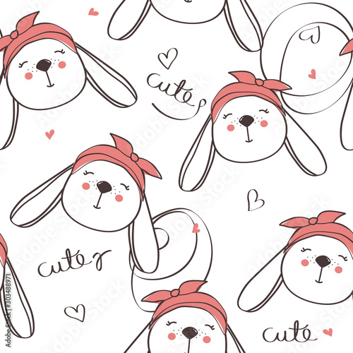 Fototapeta Naklejka Na Ścianę i Meble -  Bunnies and hearts hand drawn backdrop. Colorful seamless pattern with animals. Decorative cute wallpaper, good for printing. Overlapping background vector. Design illustration, rabbits