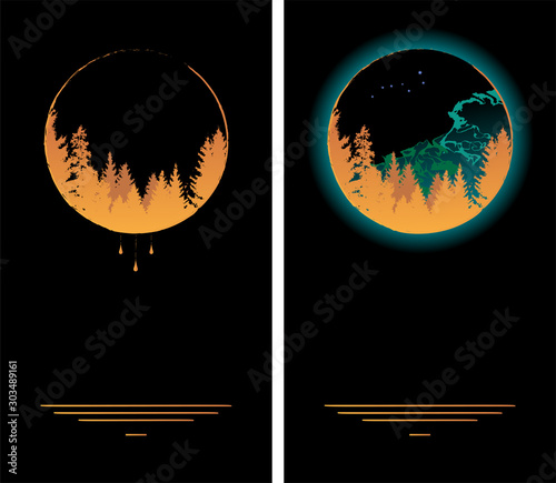 set of vecctor frames with forest,  Big Dipper and Aurora Borealis in black, gold and green colors, wallpapers