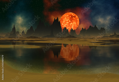 3D Rendered Fantasy Alien Planet near a Sun - 3D Illustration