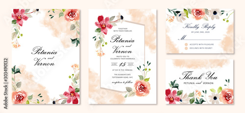 wedding invitation set flower watercolor background
