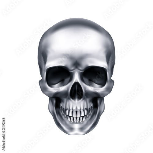 Human Metallic Skull. The Concept of Death, Horror. A Symbol of Spooky Halloween. Isolated Object on a White Background, Can be Used with any Image
