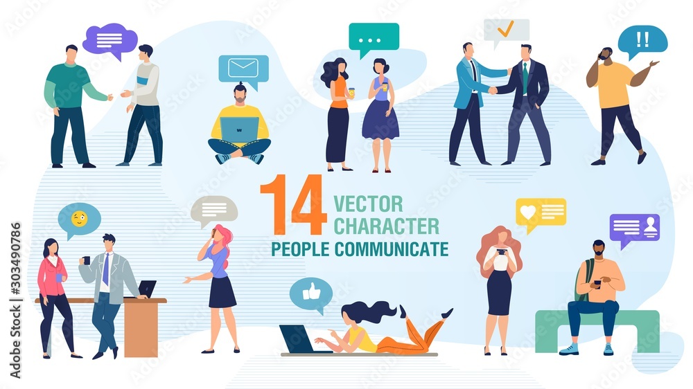 Communicating Personally and Using Gadgets People Trendy Flat Vector Characters Set. Man and Woman Talking Face to Face, Calling Friends, Messaging Online with Cellphone and Computer Illustration