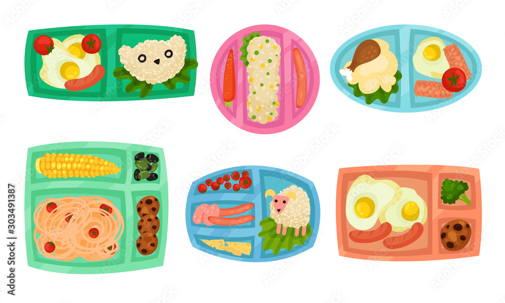 Lunch Box with Different Food Inside Vector Set