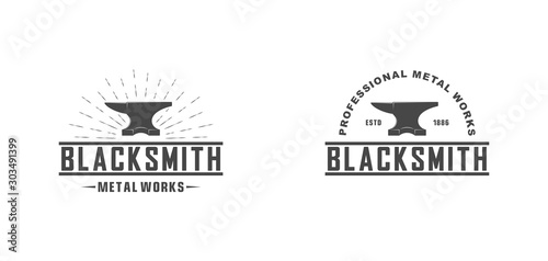 Black and white illustration of a blacksmith logo on a white background. Vector illustration of an anvil, rays and text in different variants. Professional metal work