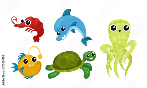 Friendly Sea Animals Vector Set For Kids Illustrated Book