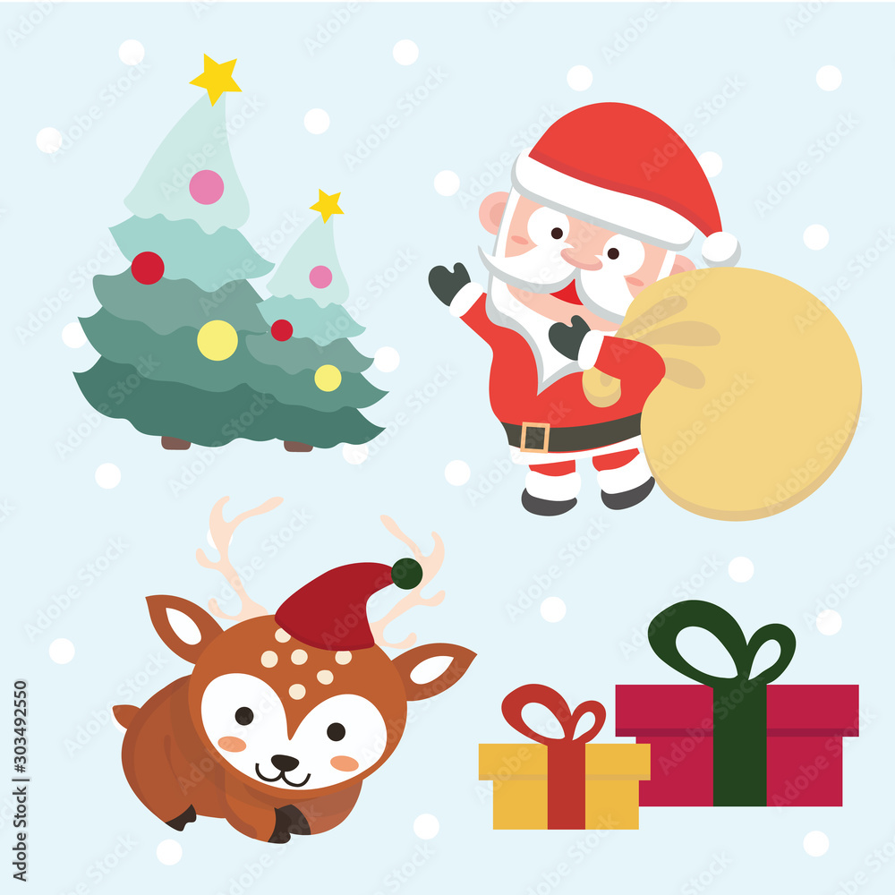 Set of Christmas and New Year elements with animals and Santa. Vector illustration..