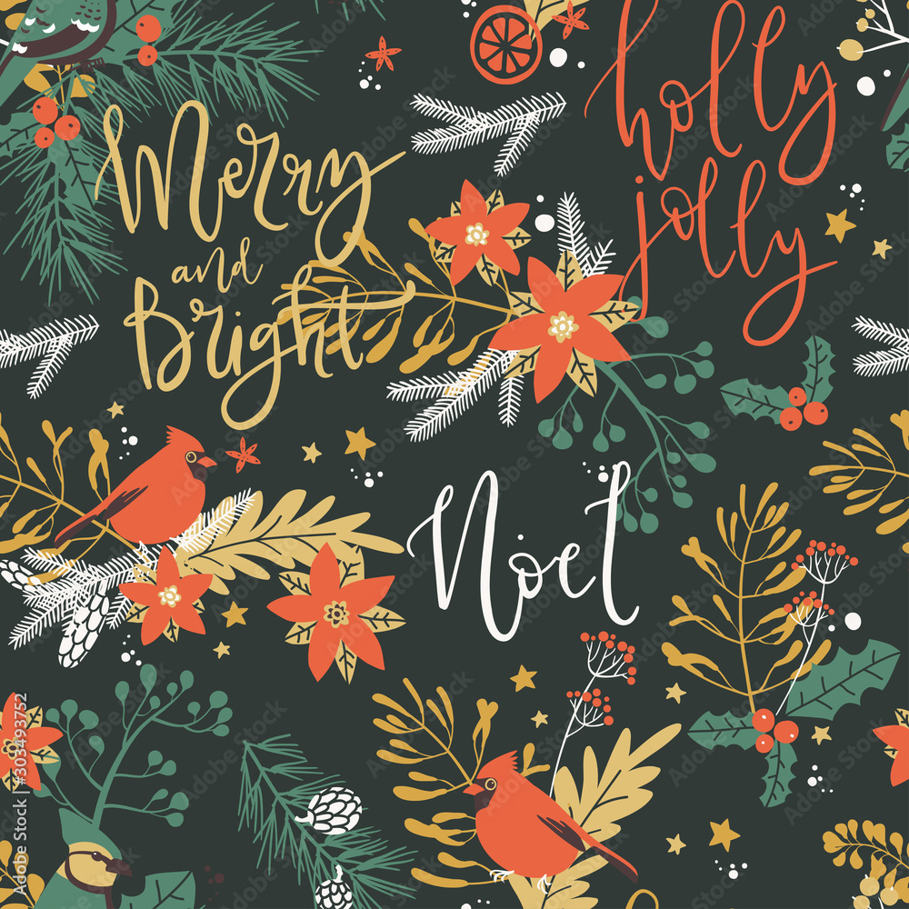 Obraz premium Seamless pattern with Christmas decorative elements - plants, branches, birds. Traditional symbols