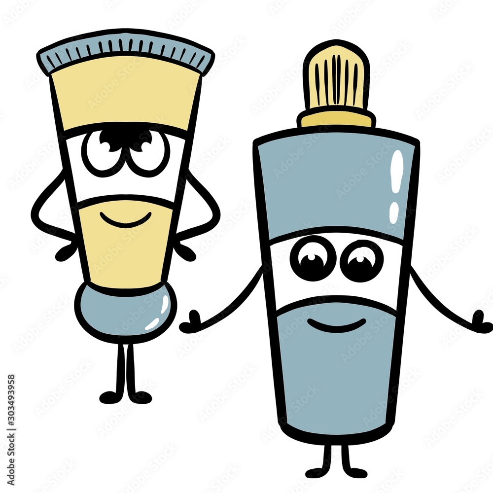 Illustration of  cartoon funny bottle and cream with eyes. Kawaii, doodle 