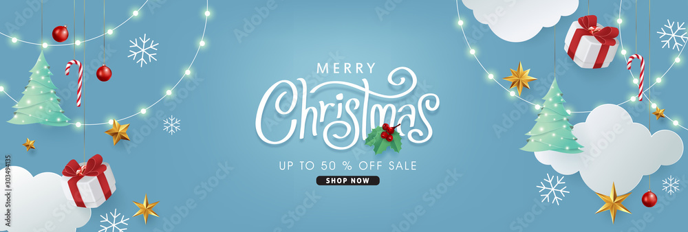 Merry christmas and happy new year banner background with Xmas festive   New Year poster, greeting card, header,   Christmas text Calligraphic Lettering Vector illustration. Stock Vector |  Adobe Stock