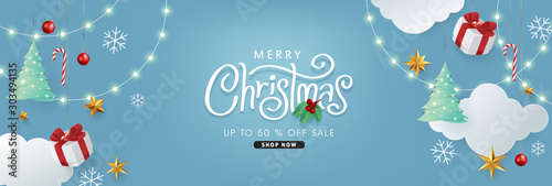 Merry christmas and happy new year banner background with Xmas festive decoration.Happy New Year poster, greeting card, header, website.Merry Christmas text Calligraphic Lettering Vector illustration.