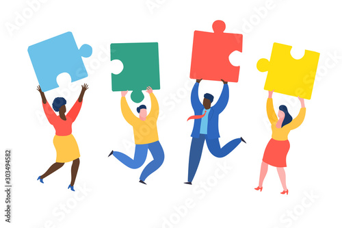 Concept of teamwork. People match puzzle elements