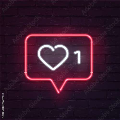 Social network activity indicators neon icon. One like quantity significative. Notification with heart, number 1 and speech cloud. Profile management, account overview. photo