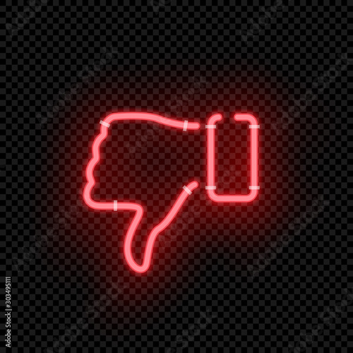 Red Thumbs down neon symbol isolated on dark transparent background. Vector design element.