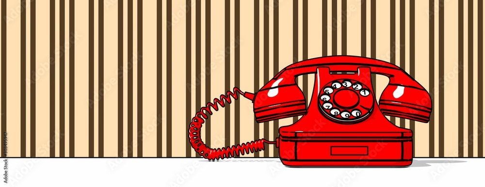 Red old telephone comic, toon on vintage wallpaper background, illustration