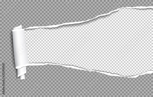 Rolled and ripped dark grey notebook paper sheet is on white squared background for text. Vector illustration