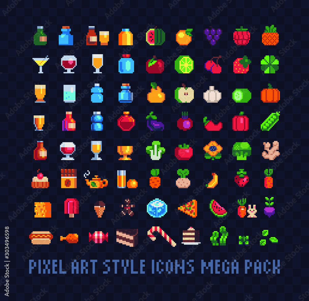 Food pixel art icons mega big set, glasses, bottles, fruits, vegetables,  sweets, tea, drinks, sweets, juice. Design for stickers, logo, web and  mobile app. Isolated vector illustration. 8-bit sprite. Stock Vector