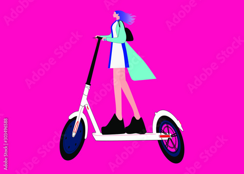 Girl rides an electric scooter. Electric scooter while driving and using. Ecological mode of transport.