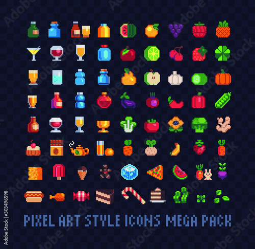 Food pixel art icons mega big set, glasses, bottles, fruits, vegetables, sweets, tea, drinks, sweets, juice. Design for stickers, logo, web and mobile app. Isolated vector illustration. 8-bit sprite.
