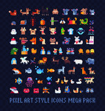 Animals pixel art icons mega big set, mice, dogs, chickens, cats, fish, farm animals, birds and lizards. Design for stickers, logo, mosaic, web and mobile app. Isolated vector illustration. 8-bit.