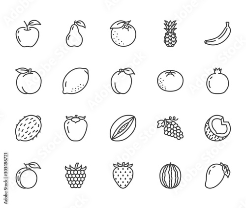 Fruits  berry flat line icons set. Orange  strawberry  pineapple  mango  lemon  kiwi  apple  grape vector illustrations. Outline signs for organic food store. Pixel perfect 64x64. Editable Strokes