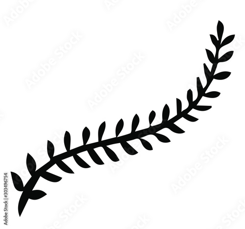 Curved twig with leaves. Silhouette black color branch with leaves.