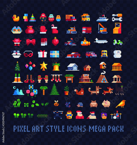 Pixel art icons big set, Xmas symbols, building, transport, plants and animals. Design for stickers, logo, web and mobile app. Isolated vector illustration. 8-bit sprite.