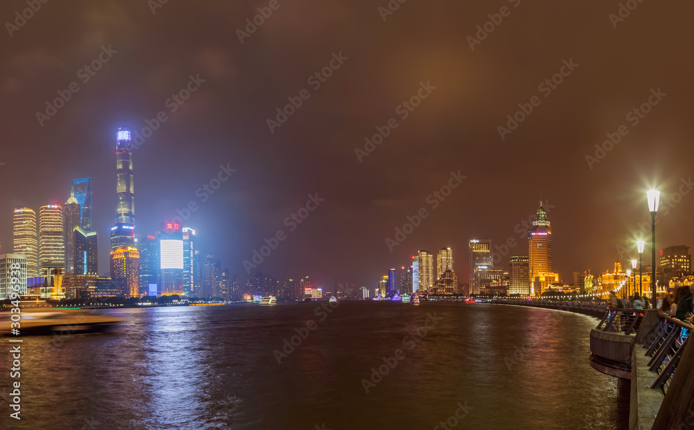 Shanghai, China - May 22, 2018: A night view of the colonial embankment skyline in Shanghai, China