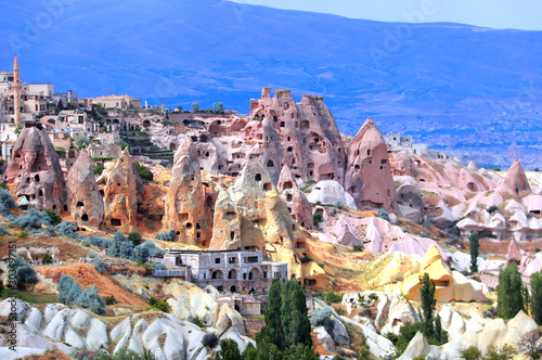 Carved houses in rock, Pigeon Valley, Uchisar, Cappadocia, Turkey