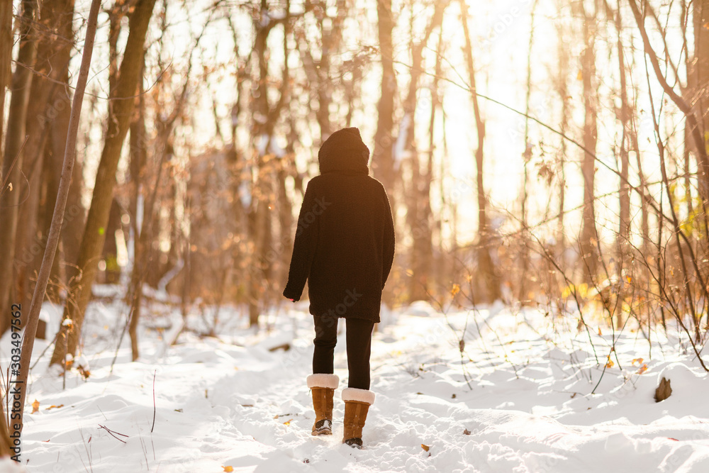 Woman in Winter Clothes on a Walk in the Park. There is a Lot of Snow  Around Stock Photo - Image of walk, forest: 207578936