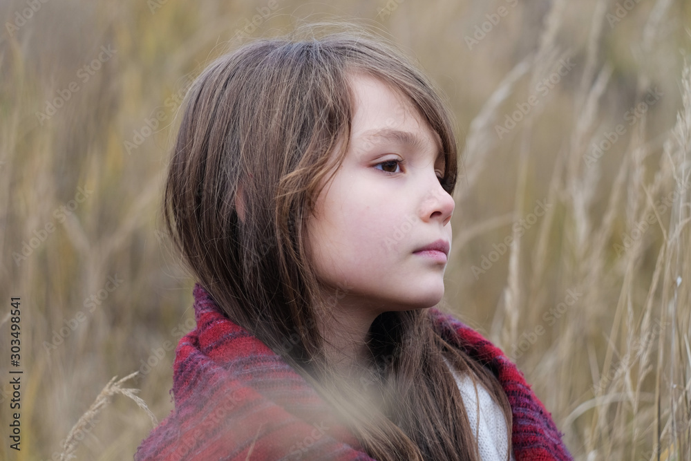 beautiful girl with warm shawl in autumn field