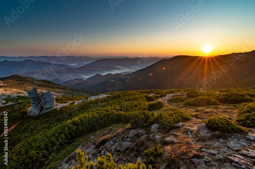 Amazing sunrise high in the mountains.